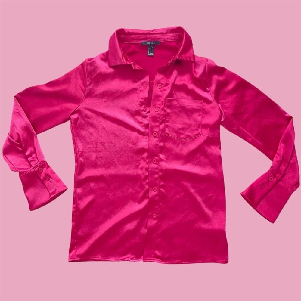 Hot pink magenta satin button-up blouse